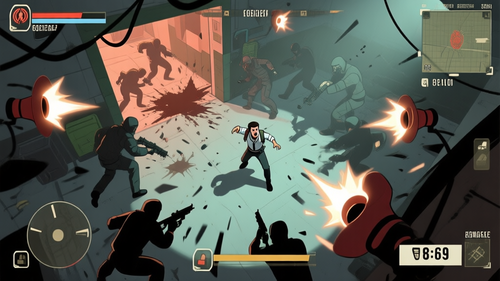 A chaotic and intense video game scene in a top-down view, showing a planned stealth mission gone wrong, with alarms blaring, enemies swarming from all directions, and the player character in the center looking overwhelmed, in a muted color palette with dynamic lighting high quality illustration, detailed, 16:9