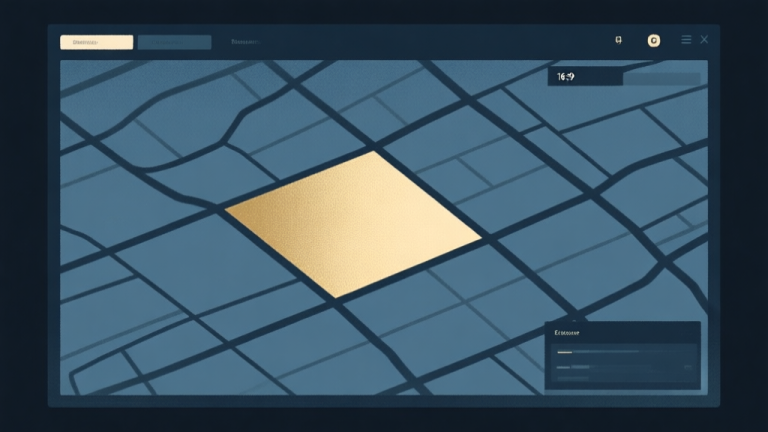 自动生成图片: A mysterious, slightly glitchy digital map interface showing a grid with one sector highlighted in soft gold, surrounded by darker, muted blues and greys, flat design style high quality illustration, detailed, 16:9
