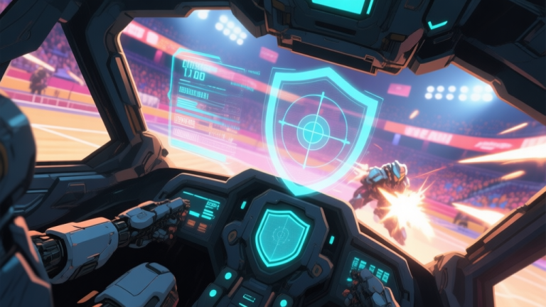 自动生成图片: A dynamic, slightly tilted view from inside a mech cockpit in a vibrant arena, holographic HUD displaying shield status and targeting reticle, soft glow effects, action-packed yet clear composition high quality illustration, detailed, 16:9
