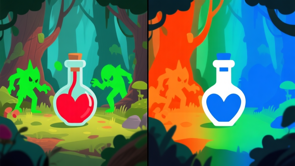A split-screen video game scene showing the same fantasy forest environment. On the left, the scene has vibrant red health potions and green enemy outlines. On the right, the scene uses a colorblind filter, transforming reds to oranges and greens to a distinct blue, with clear icon shapes on the potions, flat design style, soft color palette high quality illustration, detailed, 16:9
