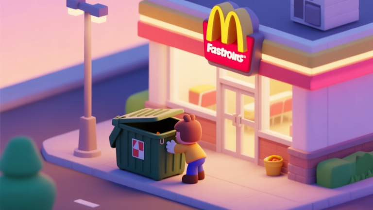 自动生成图片: A stylized, isometric view of a colorful game scene with a cartoon character rummaging through a large dumpster behind a fast-food restaurant, soft pastel colors, warm evening lighting high quality illustration, detailed, 16:9