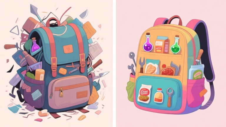 自动生成图片: Split-screen illustration showing a chaotic, cluttered backpack on the left versus a neatly organized, color-coded backpack on the right, with essential items like potions, food, and tools clearly visible, soft pastel color palette high quality illustration, detailed, 16:9