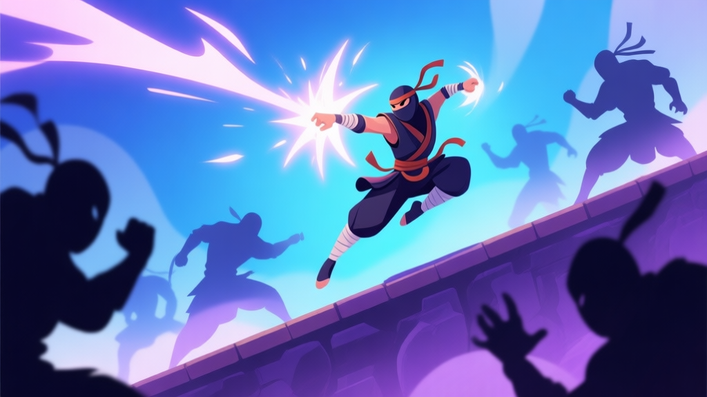 A dynamic, side-scrolling mobile game scene with a ninja character mid-air performing a flashy combo against multiple enemy silhouettes, soft glow effects, vibrant yet balanced color palette of blues and purples high quality illustration, detailed, 16:9