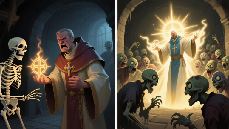 自动生成图片: Split-screen illustration showing a frustrated fantasy cleric on one side (facing skeletons with a failed holy symbol glow), and a confident cleric on the other side (with a radiant aura repelling a horde of zombies), in a dark dungeon setting, soft lighting, painterly style high quality illustration, detailed, 16:9