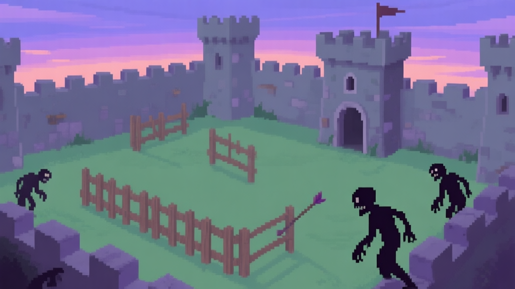 A top-down view of a pixel-art castle courtyard under a twilight sky, showing simple wooden barricades, a basic arrow tower, and a few slow-moving zombie silhouettes approaching from the edges, soft color palette with muted greens and purples high quality illustration, detailed, 16:9