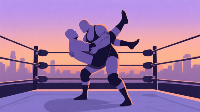 自动生成图片: A dynamic yet clean illustration of a wrestling ring viewed from a side angle, with two stylized, faceless wrestlers locked in a grapple. One is about to execute a suplex. The background is a simplified city skyline at dusk, with soft purple and orange gradients. The style is semi-realistic with bold outlines, focusing on the action and composition. high quality illustration, detailed, 16:9