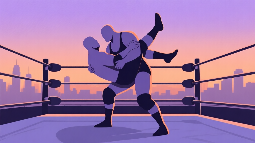 A dynamic yet clean illustration of a wrestling ring viewed from a side angle, with two stylized, faceless wrestlers locked in a grapple. One is about to execute a suplex. The background is a simplified city skyline at dusk, with soft purple and orange gradients. The style is semi-realistic with bold outlines, focusing on the action and composition. high quality illustration, detailed, 16:9