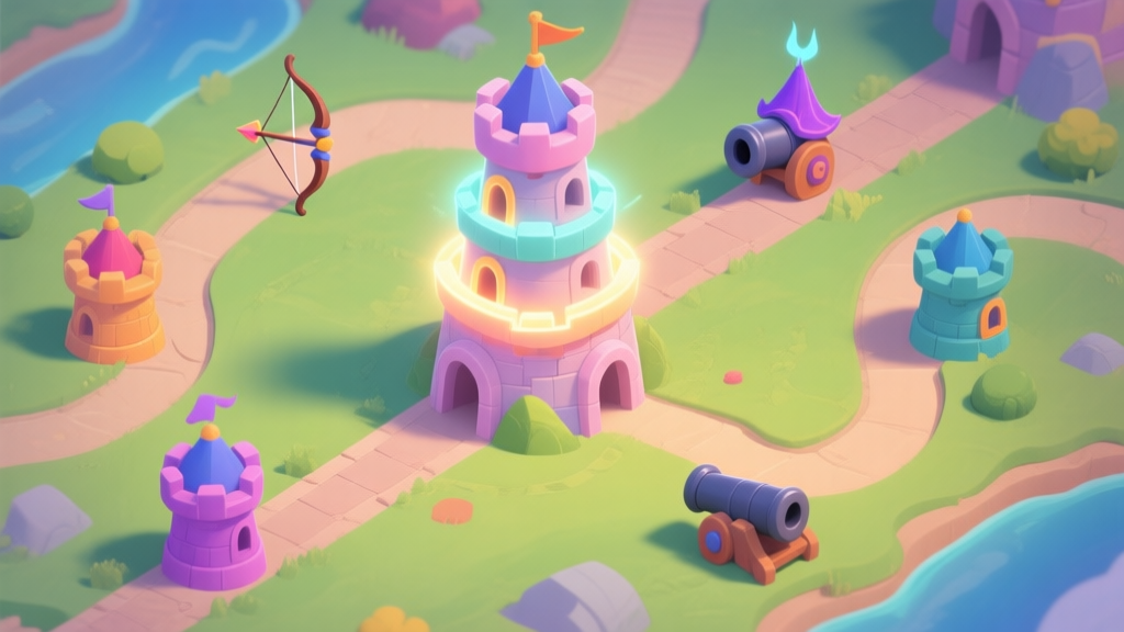 A top-down view of a vibrant, cartoonish tower defense game map. Various colorful, mergeable towers (archer, mage, cannon) are placed along a winding path. A merging animation is happening in the center, with two lower-tier towers glowing and combining into a higher-tier one. Soft pastel color palette. high quality illustration, detailed, 16:9