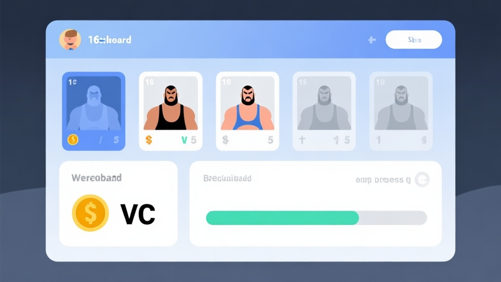 A minimalist, flat-design game UI dashboard showing a wrestler's stat cards, a currency counter with VC, and a progress bar, using a soft color scheme of blues, greys, and whites high quality illustration, detailed, 16:9