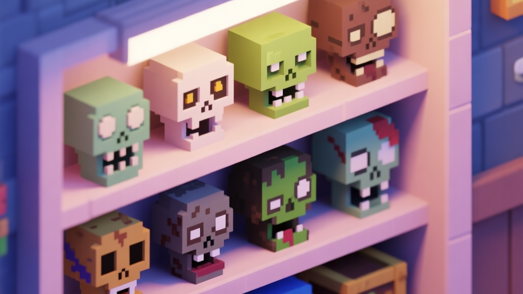 A stylized, isometric view of a game inventory with various zombie heads from different games (blocky, pixelated, realistic) arranged neatly on a shelf, soft ambient lighting, pastel color palette high quality illustration, detailed, 16:9