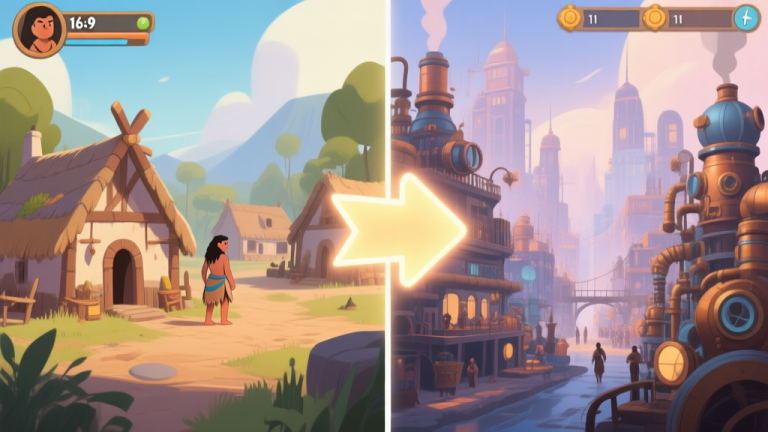 自动生成图片: A split-screen game illustration showing a village in a primitive era on the left and a bustling steampunk city on the right, with a glowing timeline arrow connecting them, soft color palette high quality illustration, detailed, 16:9