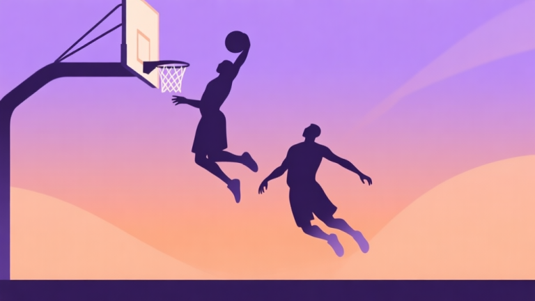 自动生成图片: A dynamic, minimalist 2D game scene showing two abstract basketball player silhouettes mid-air, one performing an exaggerated dunk over the other. Soft purple and orange gradient background, clean lines, action-focused composition high quality illustration, detailed, 16:9