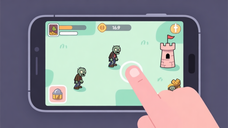 自动生成图片: A minimalist, top-down view of a mobile game screen showing a finger tapping on zombies, with simple icons for towers and resources, soft pastel color palette, clean lines high quality illustration, detailed, 16:9