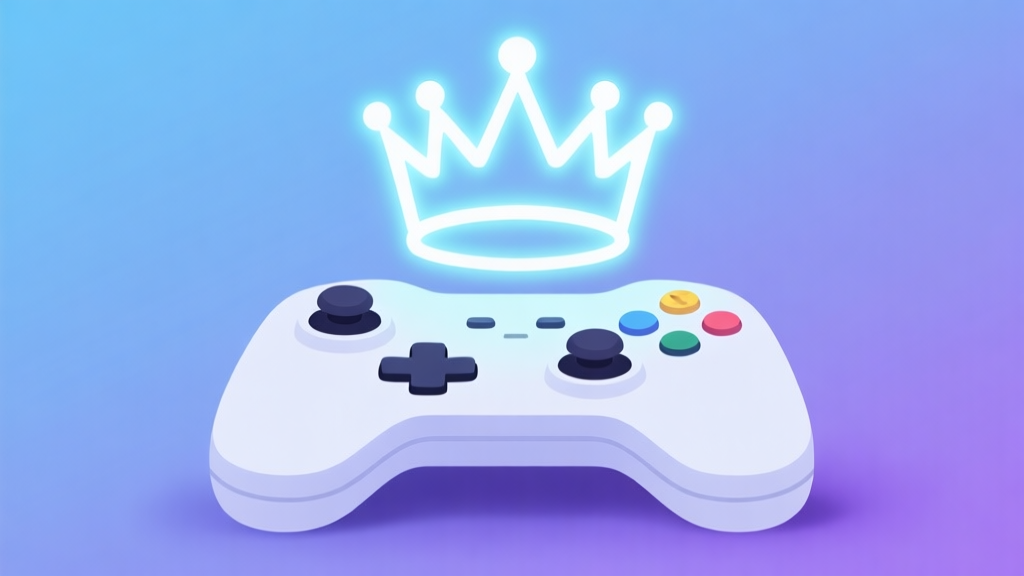 A minimalist game controller with a glowing, stylized crown hovering above it, set against a soft gradient background of blue and purple, flat design style high quality illustration, detailed, 16:9
