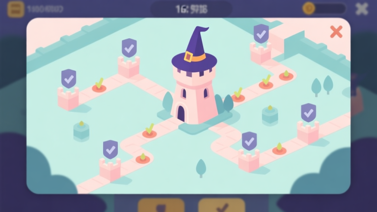 自动生成图片: A minimalist game UI overlay showing a wizard tower defense scene with multiple upgrade paths branching out, soft pastel colors, clean lines, flat design style high quality illustration, detailed, 16:9