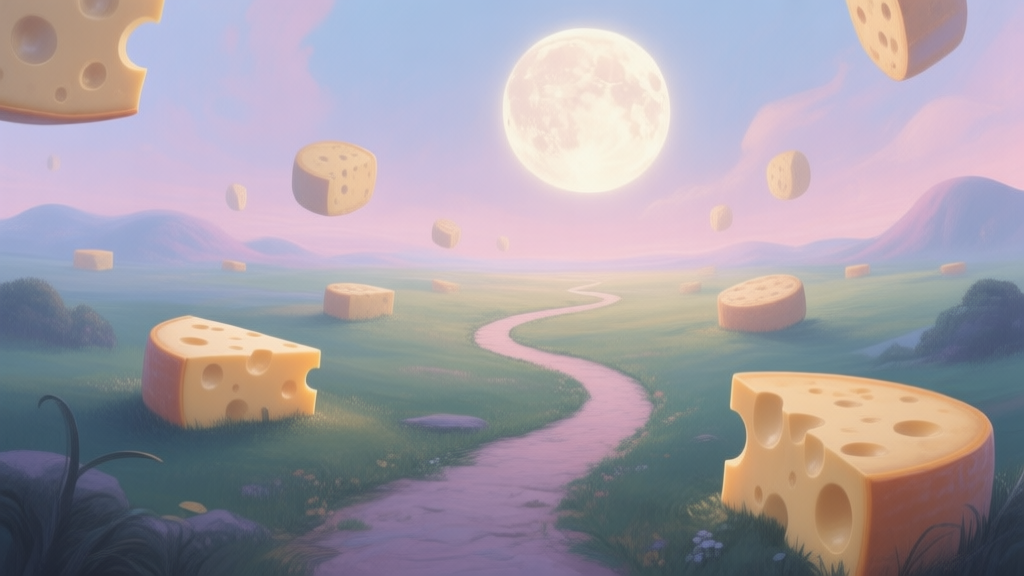 A surreal, dreamlike landscape with floating cheese wheels, a winding path leading to a glowing moon, soft pastel colors, painterly style, mysterious and inviting atmosphere high quality illustration, detailed, 16:9