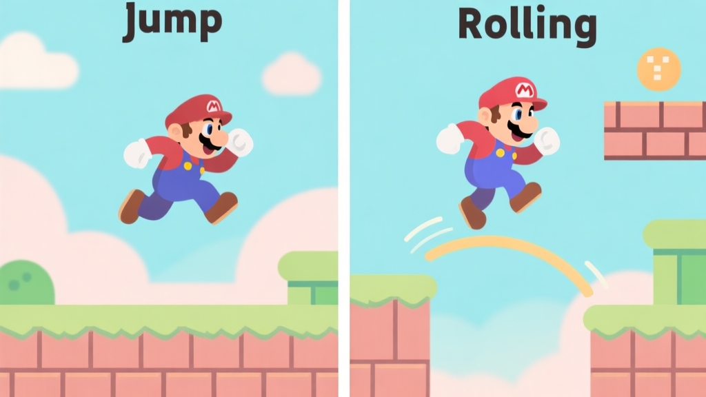 Side-by-side comparison of a standard jump and a rolling jump in a stylized 2D platformer game, showing the extended distance and lower arc of the rolling jump, soft pastel colors, clean lines high quality illustration, detailed, 16:9