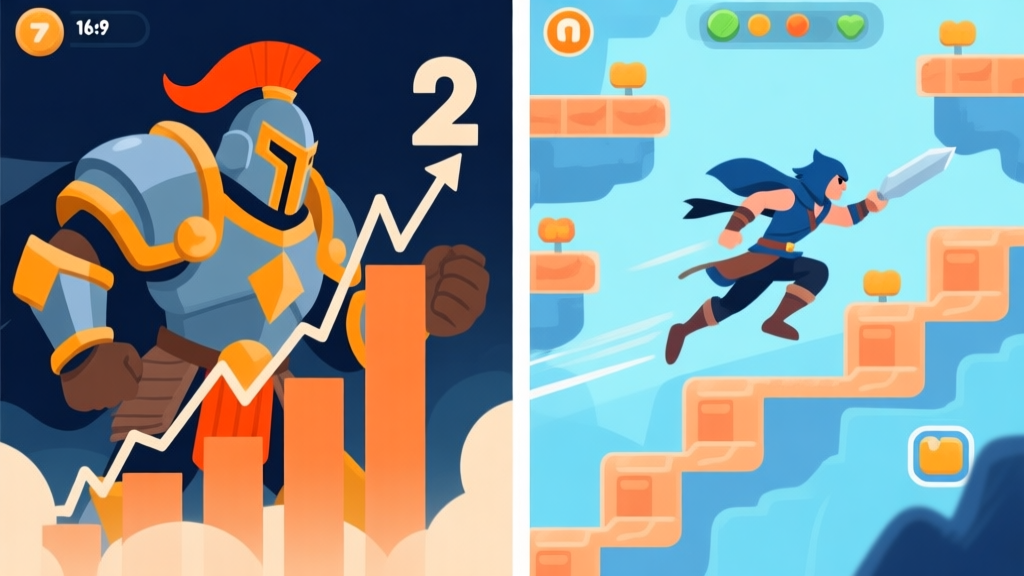 Split-screen illustration showing two distinct tap game heroes. Left side: a heavily armored warrior with massive numbers and graphs rising slowly. Right side: a swift rogue character zipping through multiple game stages quickly. Soft blue and orange color scheme, flat design. high quality illustration, detailed, 16:9