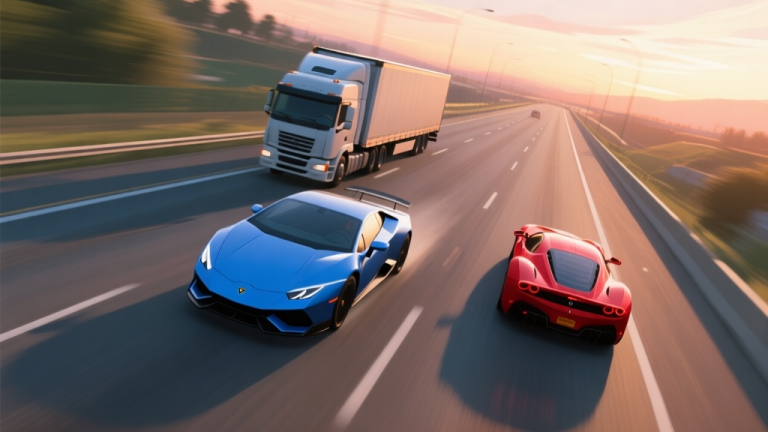 自动生成图片: A dynamic, top-down view of a highway in a mobile racing game, with a sleek blue car skillfully weaving between a truck and a red sports car, motion blur effect, soft sunset color palette high quality illustration, detailed, 16:9
