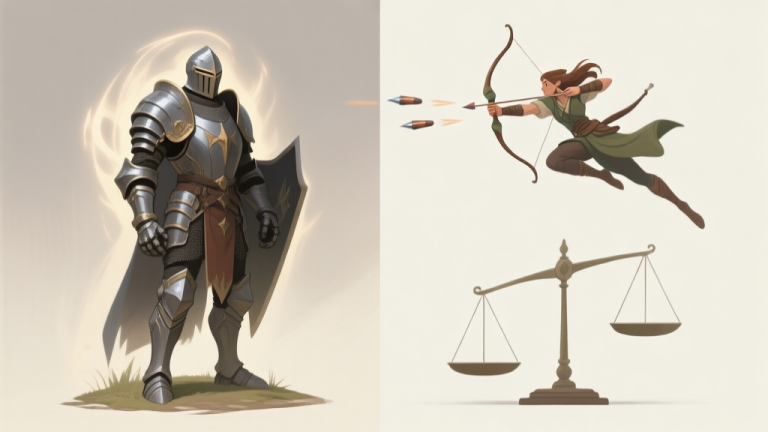 自动生成图片: A side-by-side comparison illustration in a soft, muted color palette. Left side shows a grounded, heavily armored fantasy knight character standing firm, with subtle defensive aura. Right side shows a flying, agile archer character dodging projectiles. A clean scale balances between them, slightly tilted towards the grounded knight. high quality illustration, detailed, 16:9