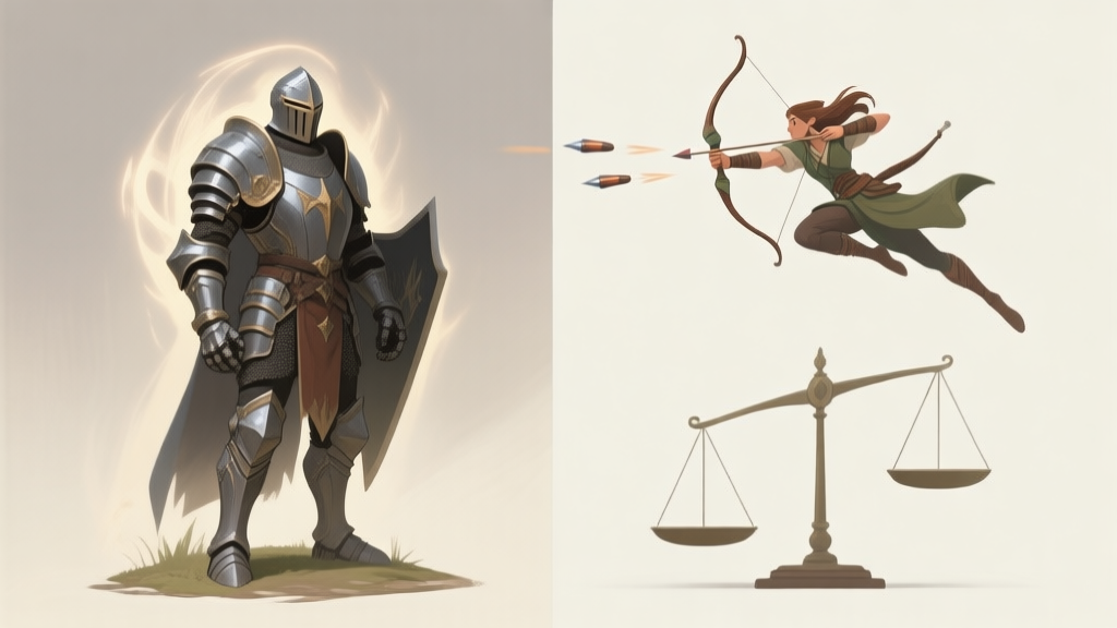 A side-by-side comparison illustration in a soft, muted color palette. Left side shows a grounded, heavily armored fantasy knight character standing firm, with subtle defensive aura. Right side shows a flying, agile archer character dodging projectiles. A clean scale balances between them, slightly tilted towards the grounded knight. high quality illustration, detailed, 16:9