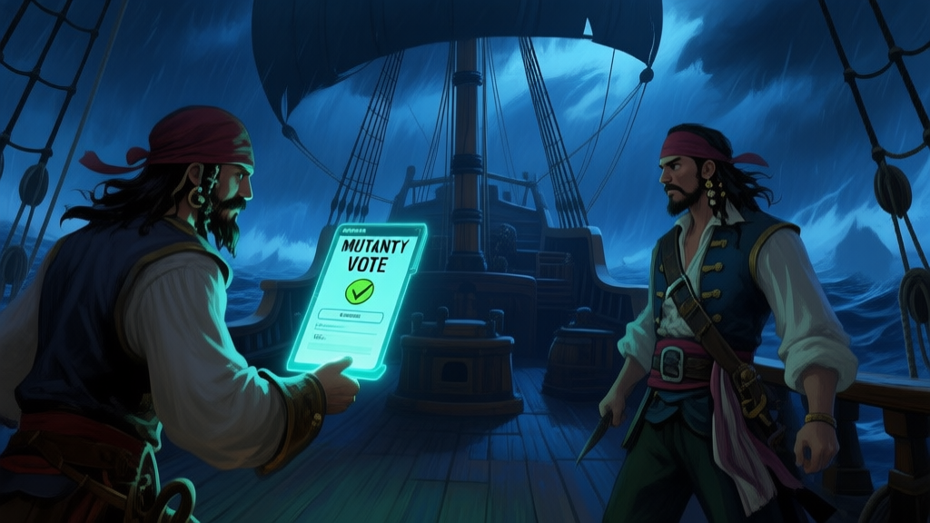 A tense scene in a stylized pirate ship game, two crews facing off on a stormy deck, one holding a glowing mutiny vote interface, dark blues and dramatic lighting, digital painting style high quality illustration, detailed, 16:9