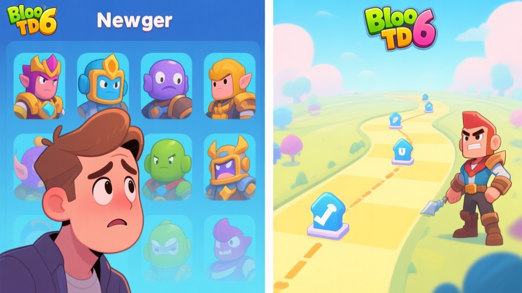 A split-screen illustration showing a confused new player looking at multiple Bloons TD 6 hero portraits on one side, and a confident player with a clear strategic upgrade path on the other, using a soft pastel color palette with blues and yellows high quality illustration, detailed, 16:9