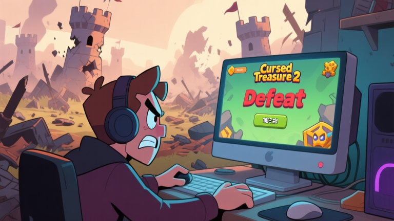 自动生成图片: A frustrated gamer looking at a computer screen showing a 'Defeat' screen in Cursed Treasure 2, with a messy battlefield of destroyed towers in the background, soft lighting, cartoonish style high quality illustration, detailed, 16:9