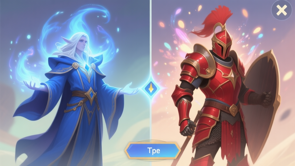 A split-screen game illustration showing a fantasy character transforming from a mage in blue robes to a warrior in red armor, with magical particles and a subtle UI element indicating a type change, soft color palette high quality illustration, detailed, 16:9