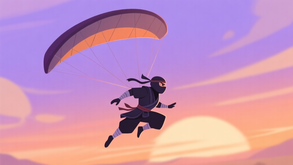A stylized, side-view illustration of a ninja character gracefully gliding with a parakite against a sunset sky, soft purple and orange color palette, minimalist game art style high quality illustration, detailed, 16:9