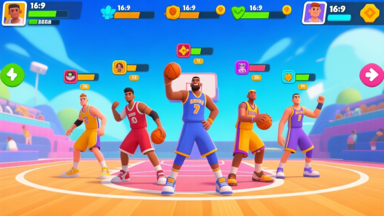 自动生成图片: A vibrant, stylized mobile game screenshot showing a diverse team of five basketball players in dynamic poses on a court, with clear stat bars and role icons floating above them, in a bright and energetic color palette high quality illustration, detailed, 16:9