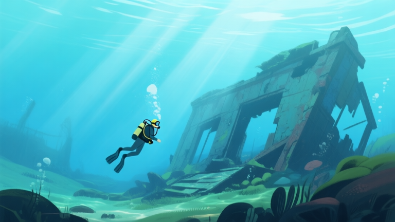 自动生成图片: A serene underwater scene with a diver in simple gear near a sunken structure, soft blue and green color palette, gentle light rays filtering through the water high quality illustration, detailed, 16:9