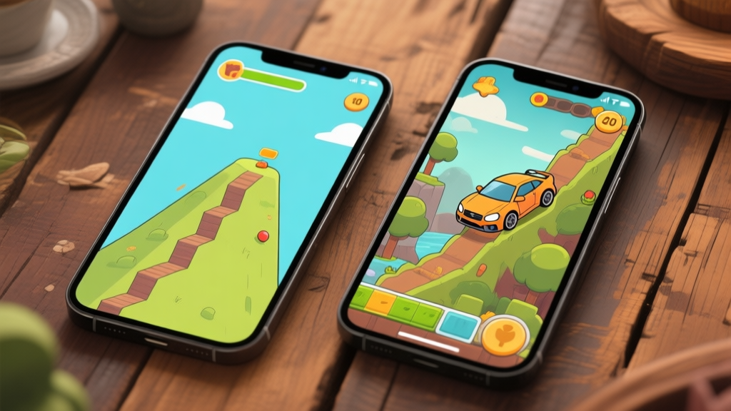 Side-by-side comparison of two smartphone screens showing different versions of a 2D hill climbing game, one with minimal graphics and one with detailed environments and a custom car, on a rustic wooden table high quality illustration, detailed, 16:9
