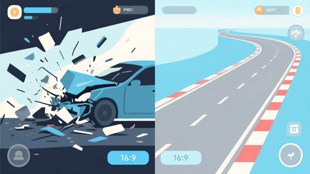 A split-screen illustration showing a chaotic car crash on one side and a sleek, perfect racing line on the other, with soft blue and grey tones, minimalist game UI elements floating around high quality illustration, detailed, 16:9