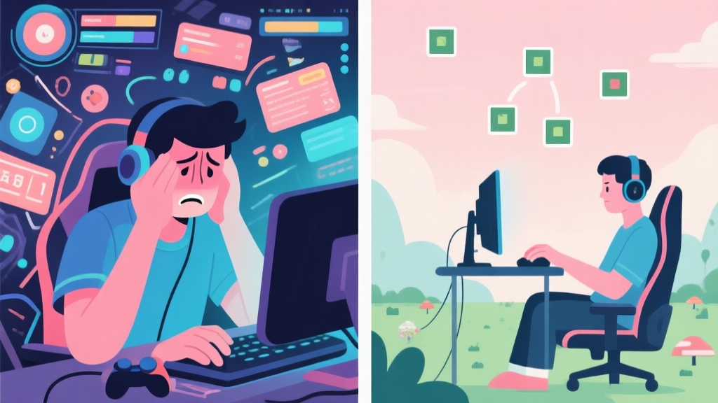 A split-screen illustration showing a stressed gamer on one side with chaotic game UI, and a calm, focused gamer on the other side interacting with a serene spot-the-differences game scene, using a soft pastel color palette high quality illustration, detailed, 16:9