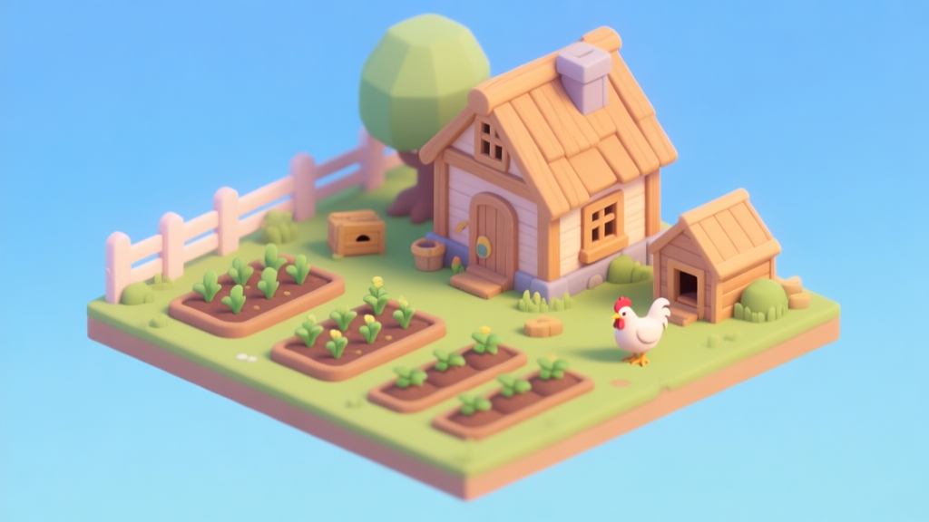 A welcoming and cozy scene of a beginner's farm in Game of Farmers, showing a small wooden house, a few neatly planted crop plots, a chicken coop, and a clear blue sky, in a soft pastel color palette, isometric game view high quality illustration, detailed, 16:9