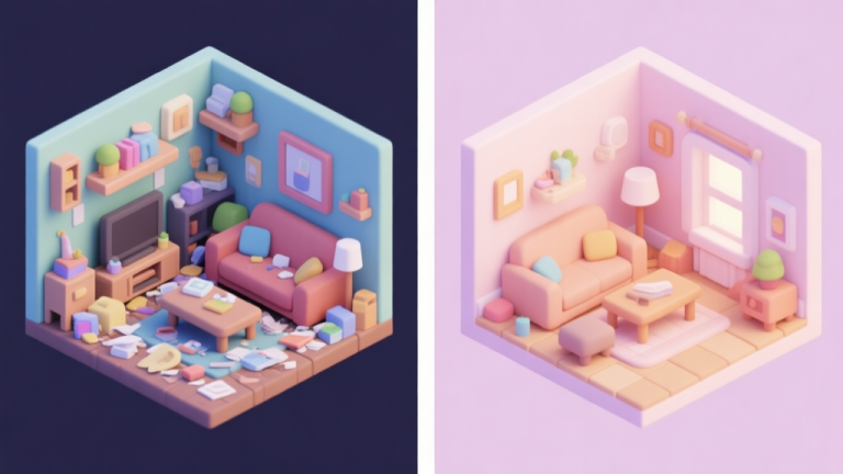 自动生成图片: A split-screen illustration showing a cluttered, awkwardly arranged virtual living room on the left, and a cozy, well-organized one on the right, using a soft pastel color palette, isometric game art style high quality illustration, detailed, 16:9