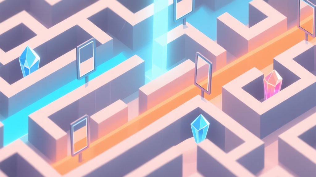 A top-down view of a complex maze with light beams of different colors (blue, orange) reflecting off mirrors and hitting crystals, soft glow, minimalist puzzle game aesthetic, pastel color palette high quality illustration, detailed, 16:9