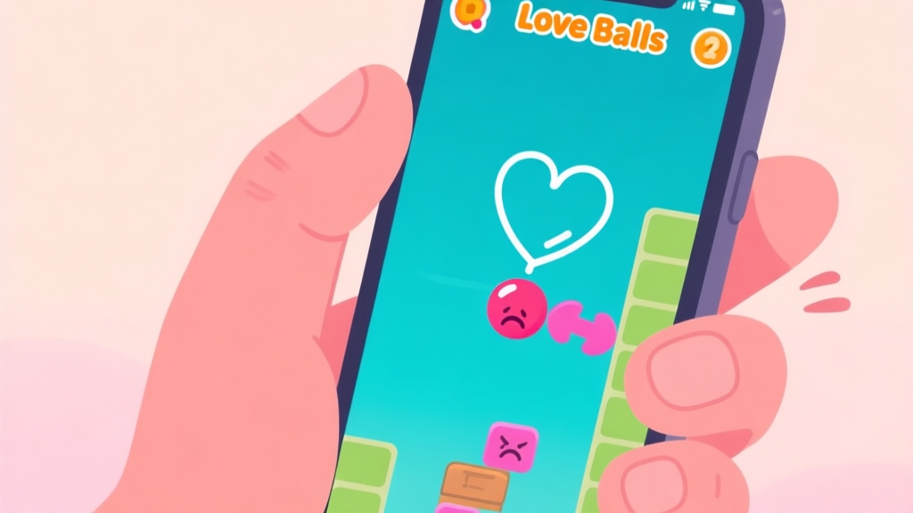 A frustrated hand holding a smartphone showing the Love Balls game stuck on a difficult level, with a simple, clean line drawing of the solution overlaid in a bright color, on a soft pastel background high quality illustration, detailed, 16:9