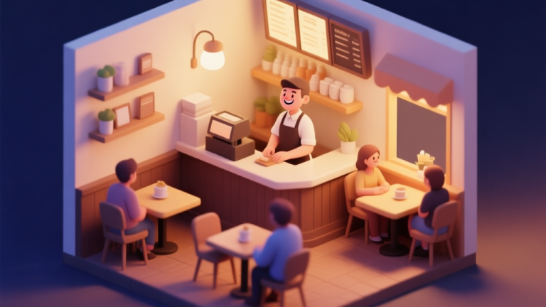 自动生成图片: A cozy, softly lit isometric view of a small cafe interior, with a smiling barista behind the counter and a few customers at tables, warm color palette with gentle shadows, digital illustration high quality illustration, detailed, 16:9