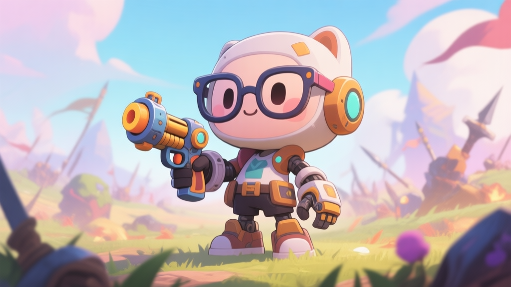 A stylized, cute game character with oversized glasses and a mechanical clicker in hand, standing in a vibrant fantasy battlefield, soft pastel colors, anime-inspired game art style high quality illustration, detailed, 16:9
