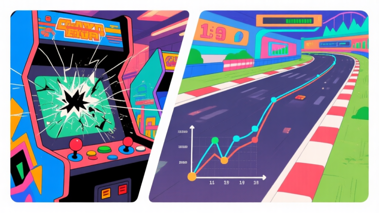 自动生成图片: Split-screen illustration showing a chaotic game crash on one side and a smooth, data-driven racing line with trajectory graphs on the other, in a vibrant arcade game art style high quality illustration, detailed, 16:9