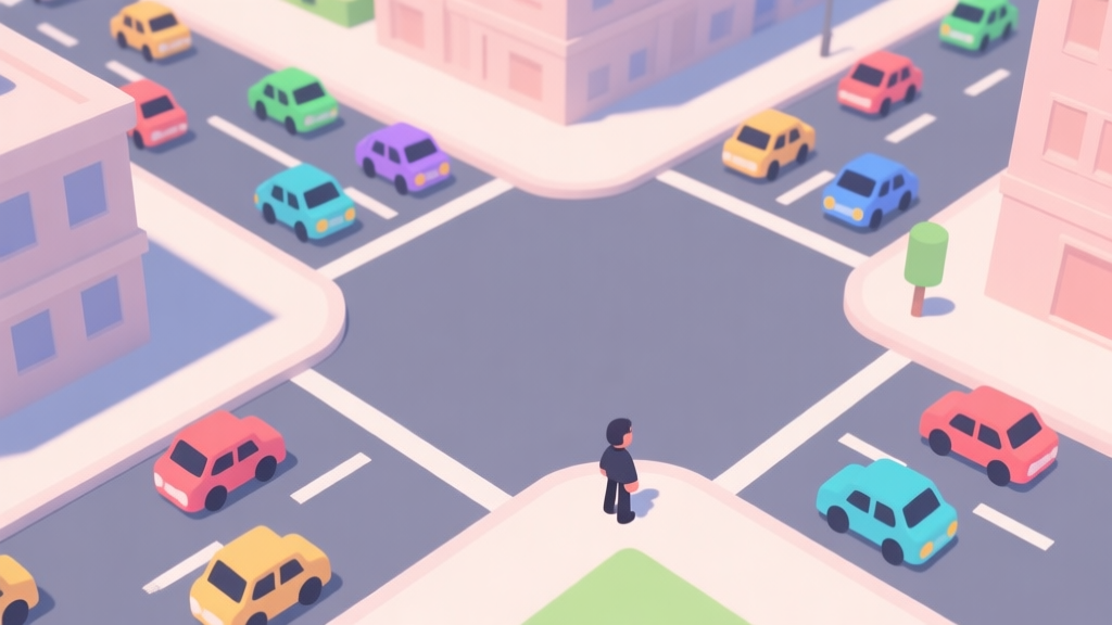 Top-down view of a minimalist city intersection with streams of colored vehicle icons flowing in organized lanes, a small pedestrian figure poised at the edge, soft pastel colors, clean game UI style high quality illustration, detailed, 16:9