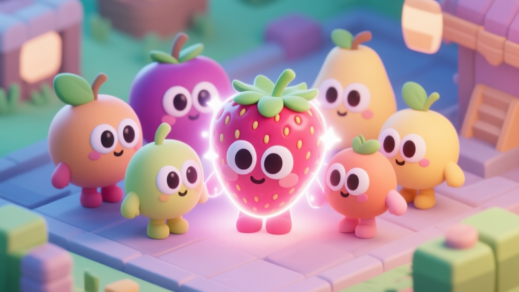 A vibrant 3D render of a group of cute fruit characters with big expressive eyes, standing together in a game-like environment. One strawberry character is glowing with a special effect, soft pastel color palette, isometric view high quality illustration, detailed, 16:9