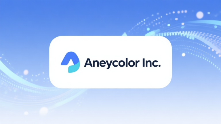自动生成图片: A minimalist, clean corporate logo design for "Anycolor Inc." placed on a subtle gradient background, with abstract digital particles flowing around it, representing the virtual entertainment industry. Soft blue and white color scheme, flat design style. high quality illustration, detailed, 16:9