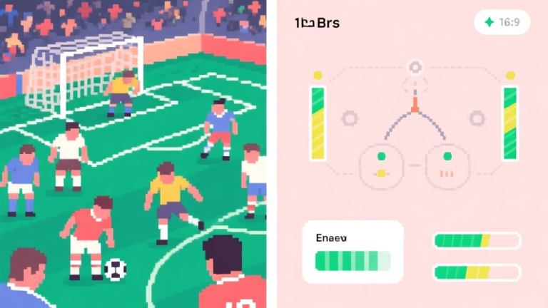 自动生成图片: A split-screen illustration showing a chaotic soccer match on one side with tired pixelated players, and a calm, strategic view on the other side with formation diagrams and energy bars, in a soft pastel color scheme high quality illustration, detailed, 16:9
