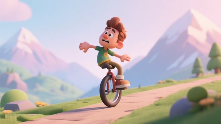 自动生成图片: A comical yet clean 3D render of a cartoon character on a unicycle, wobbling precariously on a narrow path, with a serene mountain landscape in the background, soft pastel colors, video game illustration style high quality illustration, detailed, 16:9