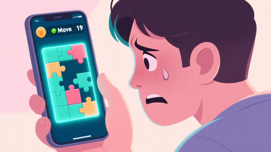 A frustrated player looking at a glowing puzzle game screen on a mobile phone, with mismatched tiles and a low move counter, in a soft pastel color palette high quality illustration, detailed, 16:9
