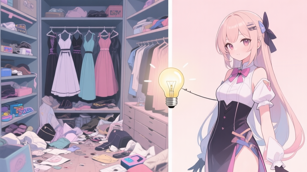 A split-screen illustration showing a cluttered, messy game dress-up inventory on one side and a sleek, beautifully coordinated anime-style character on the other, with a light bulb connecting them, soft pastel color palette high quality illustration, detailed, 16:9
