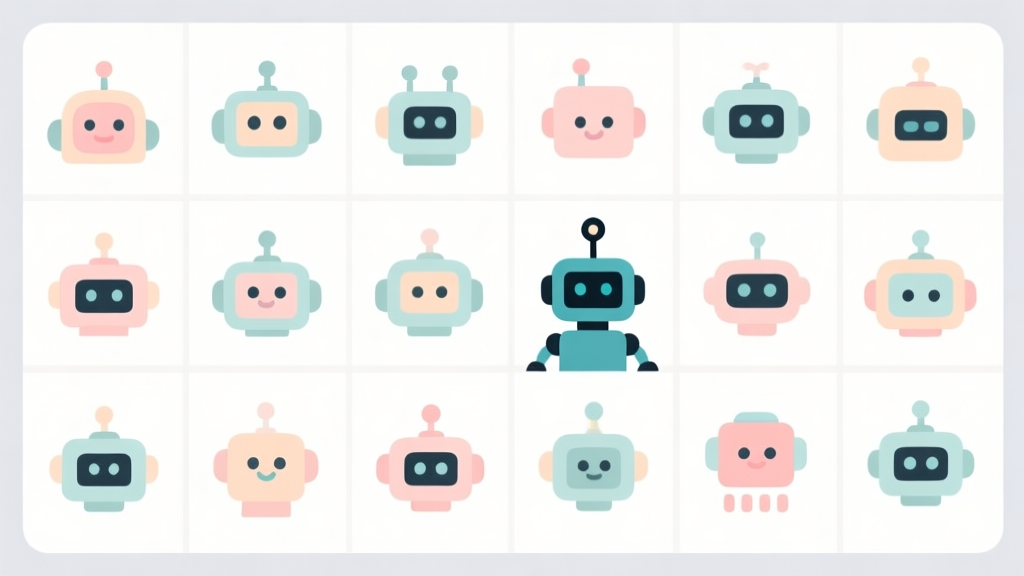 A minimalist, clean grid of various friendly robot icons in soft pastel colors, with one robot subtly different in a non-obvious way, like a reversed antenna direction or a slightly different shade, flat design style high quality illustration, detailed, 16:9